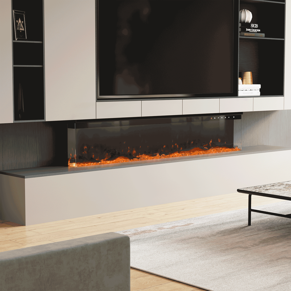 Panoramic 2/3-Sided Electric Fire Insert with Crystal Stones