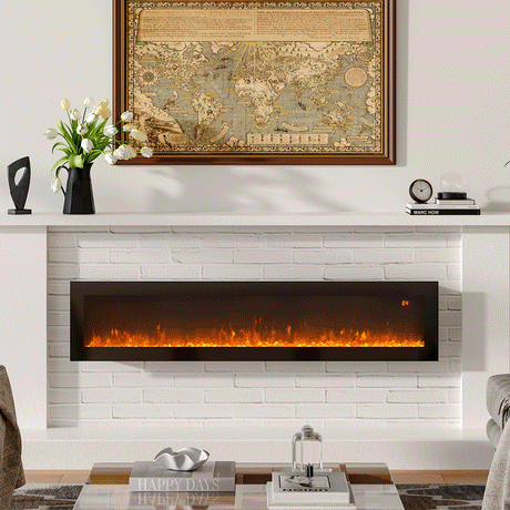 Wall-mounted electric fireplace with vibrant orange flames, set against a white brick wall, adorned with a classic world map, modern decor, and a sleek coffee table in a contemporary living room.