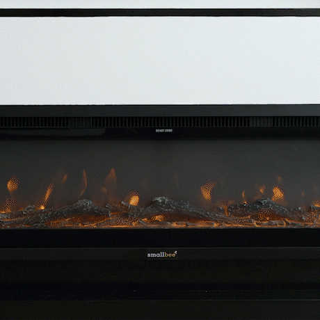 GIF showcasing the Smallbee best-seller media wall electric fireplace, with dynamic flame effects transitioning through multiple light colors, highlighting its customizable settings and sleek black frame.