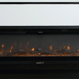 GIF showcasing the Smallbee best-seller media wall electric fireplace, with dynamic flame effects transitioning through multiple light colors, highlighting its customizable settings and sleek black frame.