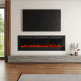 Large glass-front electric fireplace with vibrant orange flames, featuring a sleek black frame and touch screen controls, mounted on a modern white wall beneath a TV, complemented by a concrete base and minimalist décor in a contemporary living room.