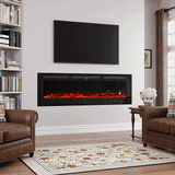 Large glass-front electric fireplace with vibrant orange flames and touch screen controls, mounted on a modern white wall beneath a TV, surrounded by a cozy living room setup with leather armchairs, a floral rug, and a built-in bookshelf.
