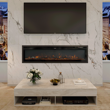 Recessed 50inch electric fireplace with realistic orange flames, elegantly built into a marble media wall beneath a mounted TV, complemented by a modern marble coffee table and cozy living room decor.