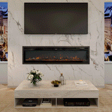 Recessed 50inch electric fireplace with realistic orange flames, elegantly built into a marble media wall beneath a mounted TV, complemented by a modern marble coffee table and cozy living room decor.