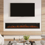 Recessed electric fireplace with realistic orange flames, installed in a white textured media wall with natural wood paneling, situated beneath a mounted TV and paired with a glass coffee table in a modern living room.