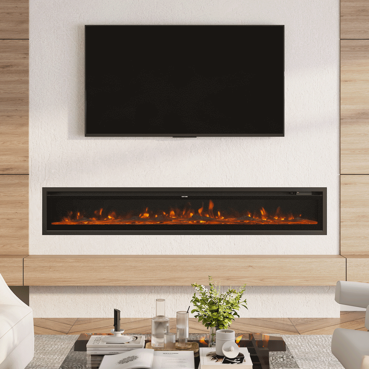 Recessed electric fireplace with realistic orange flames, installed in a white textured media wall with natural wood paneling, situated beneath a mounted TV and paired with a glass coffee table in a modern living room.