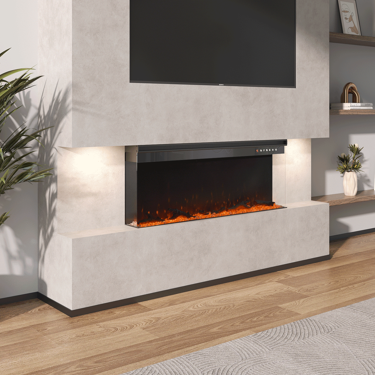 Panoramic 2/3-Sided Electric Fire Insert with Crystal Stones