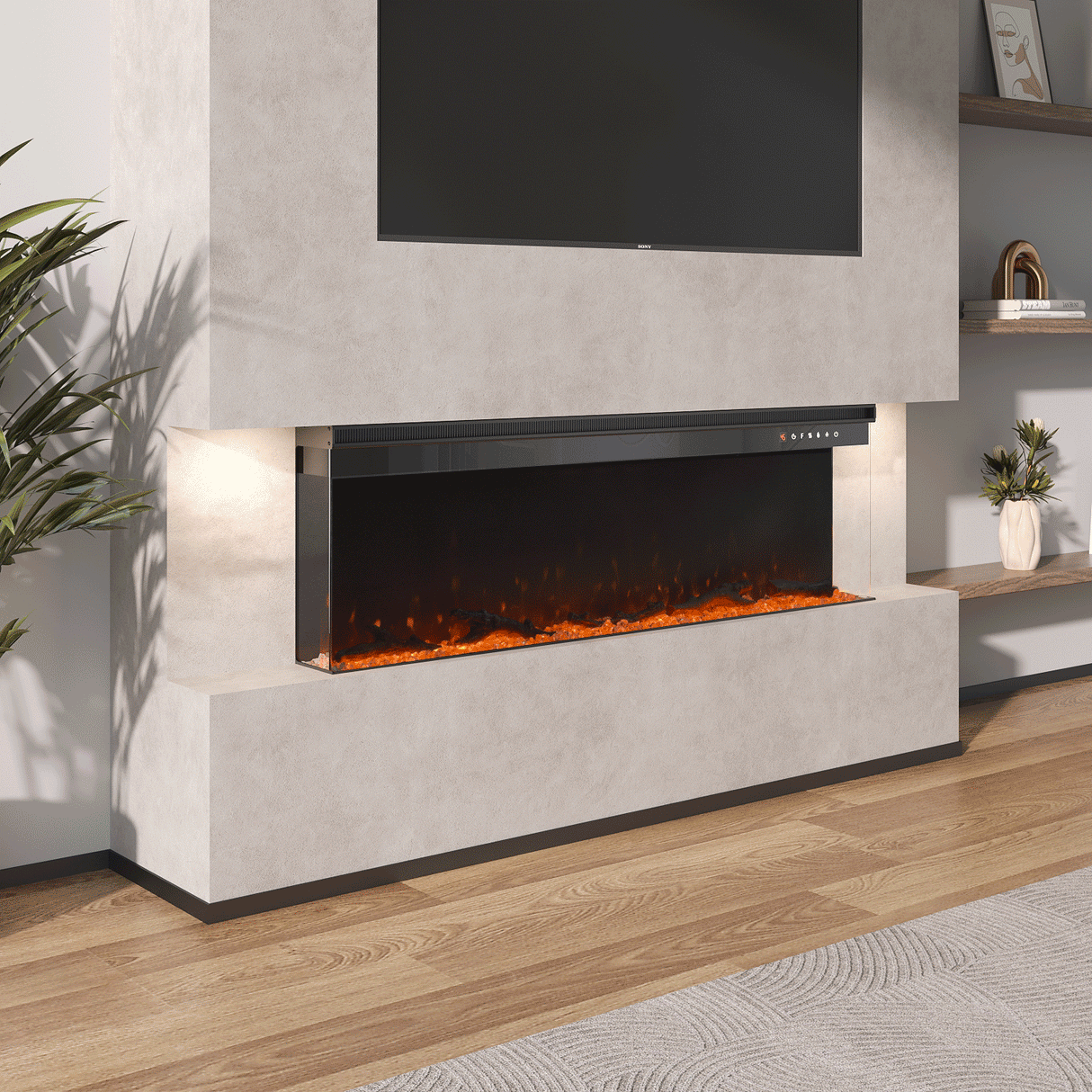 Modern 3-sided electric fireplace with vibrant orange flames, crystal stones, and faux wood logs, built into a sleek media wall with side lighting, beneath a mounted TV, complemented by natural wood flooring and minimalist shelving.