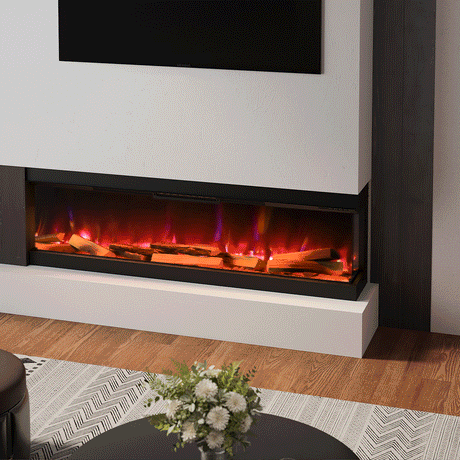 3-sided electric fireplace with vibrant red flames, set within a modern media wall featuring a marble finish, ideal for cozy living spaces.