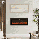 Inserted 42 inch electric fireplace with realistic orange flames, seamlessly integrated into a modern living room wall with neutral décor and natural accents.