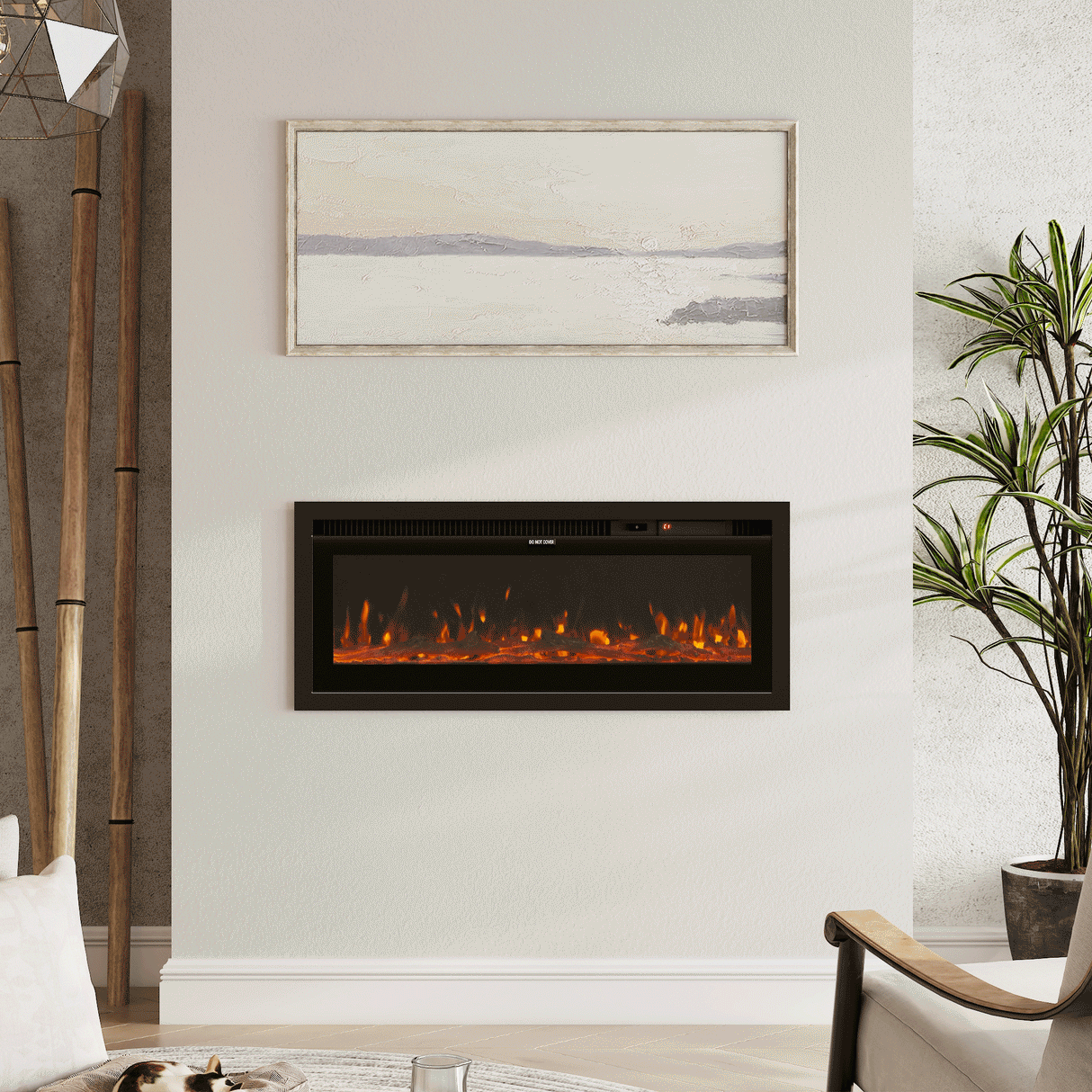 Inserted 42 inch electric fireplace with realistic orange flames, seamlessly integrated into a modern living room wall with neutral décor and natural accents.