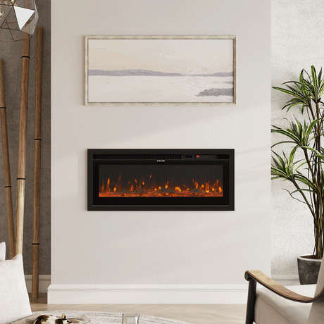 Inserted electric fireplace with realistic orange flames, seamlessly integrated into a modern living room wall with neutral décor and natural accents.
