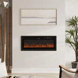 Inserted electric fireplace with realistic orange flames, seamlessly integrated into a modern living room wall with neutral décor and natural accents.