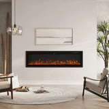 Inserted electric fireplace with realistic orange flames, seamlessly integrated into a modern living room wall with neutral décor and natural accents.