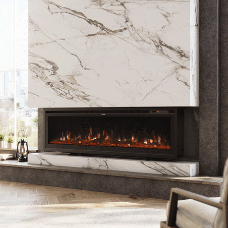 Wall-mounted electric fireplace with realistic orange flames, framed by a luxurious marble surround, set in a modern living room with large windows and natural light.