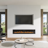 Recessed electric fireplace with glowing orange flames, seamlessly integrated into a minimalist white wall below a built-in TV, paired with a modern round coffee table and natural light from large windows.