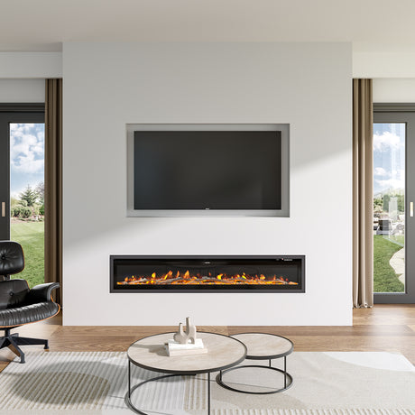 Recessed electric fireplace with glowing orange flames, seamlessly integrated into a minimalist white wall below a built-in TV, paired with a modern round coffee table and natural light from large windows.
