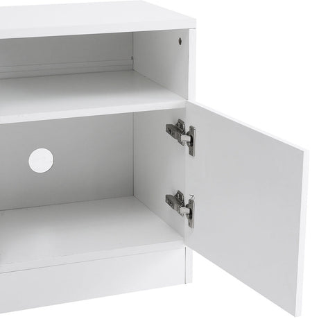 detail of white electric fireplace with storage cabinets