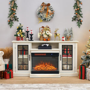Panoramic Glass Fireplace TV Stand with Storage Cabinets, Customizable Flames & Remote Control