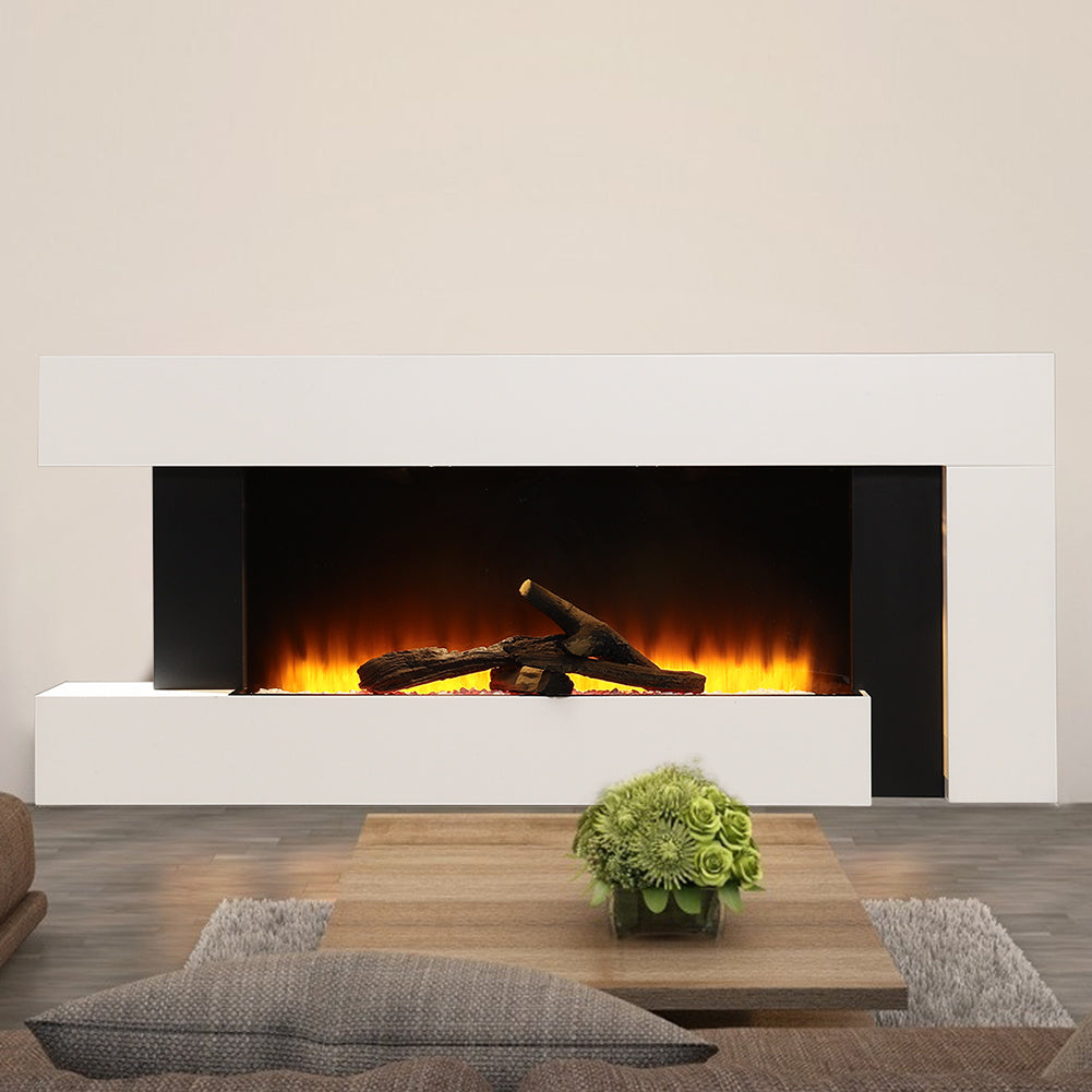 50-Inch LED Wall Mounted Electric Fire with White Wooden Frame
