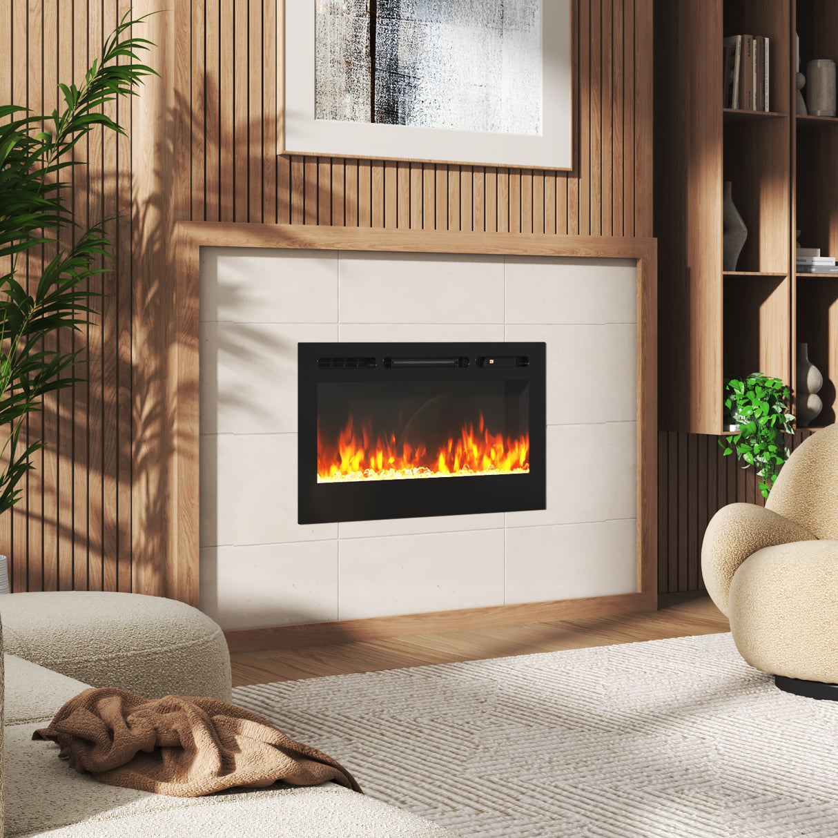 36/40/50/60inch Built-in Electric Fireplace with LED Display, Realistic Flame Effect with Logs and Crystal
