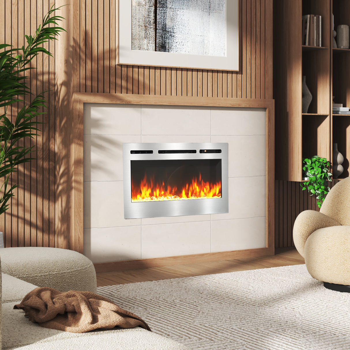 36/40/50/60inch Built-in Electric Fireplace with LED Display, Realistic Flame Effect with Logs and Crystal